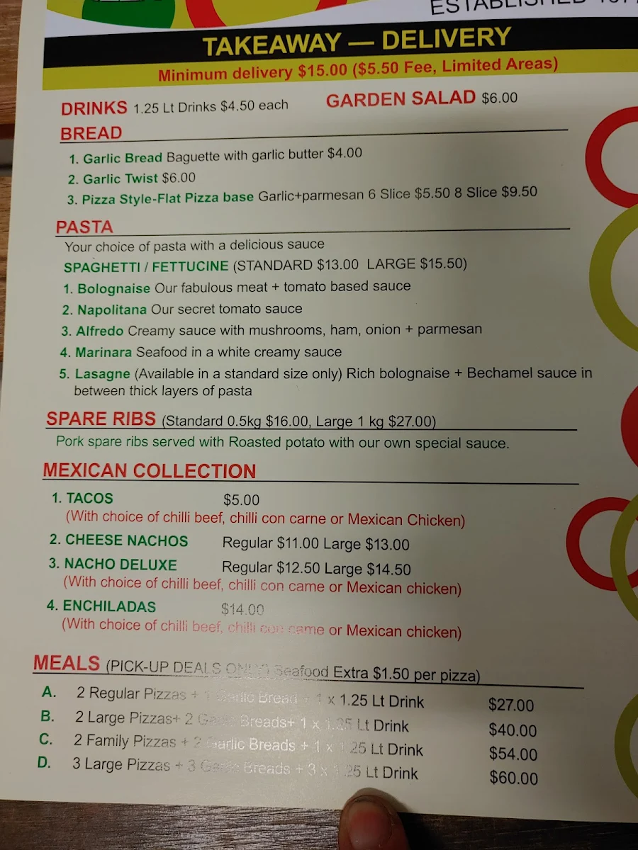 Menu, Pizzaland Manly West