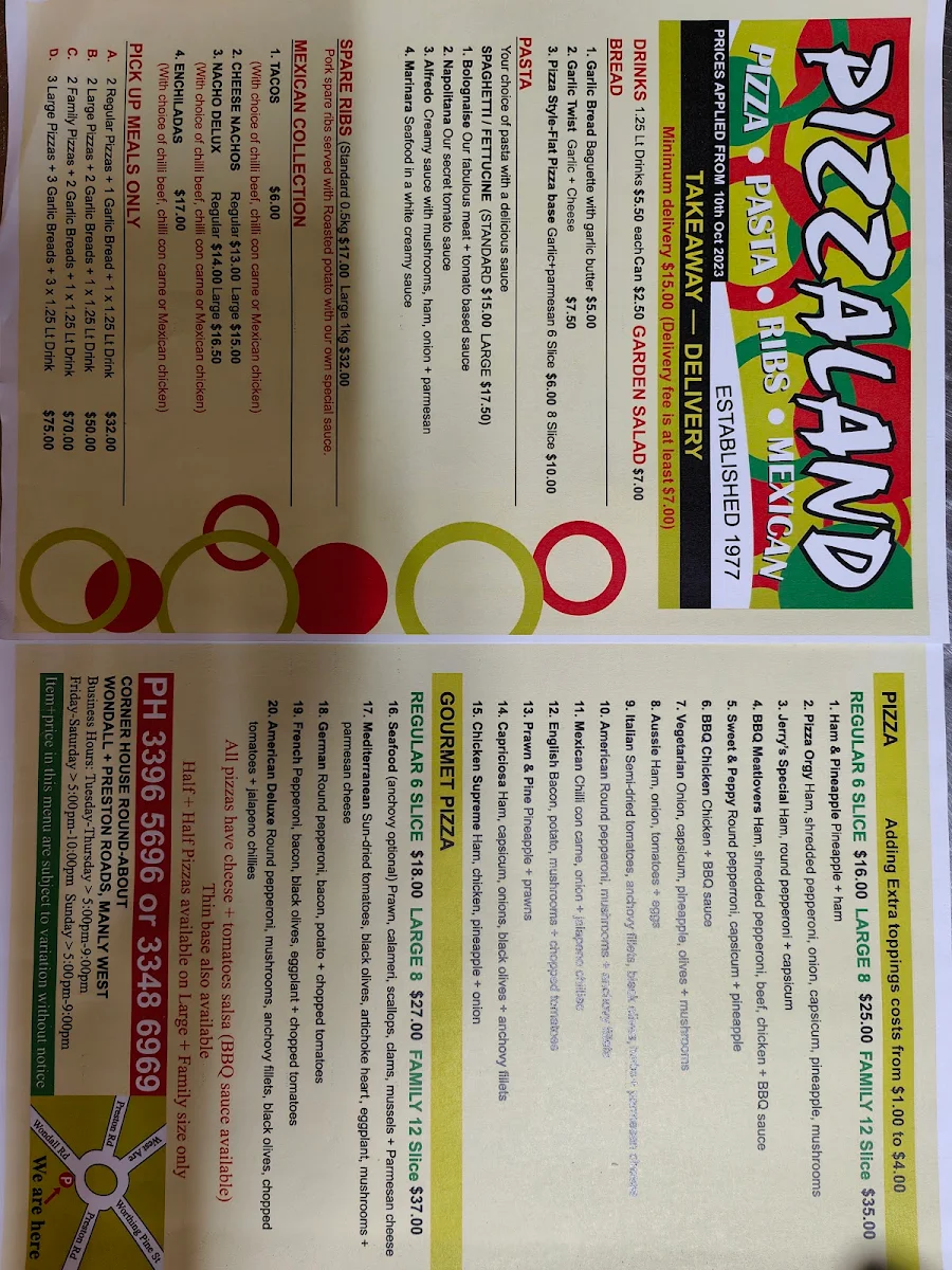 Menu, Pizzaland Manly West