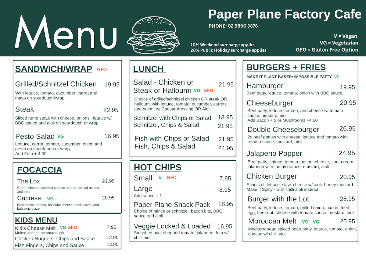 Menu, Paper Plane Factory Cafe