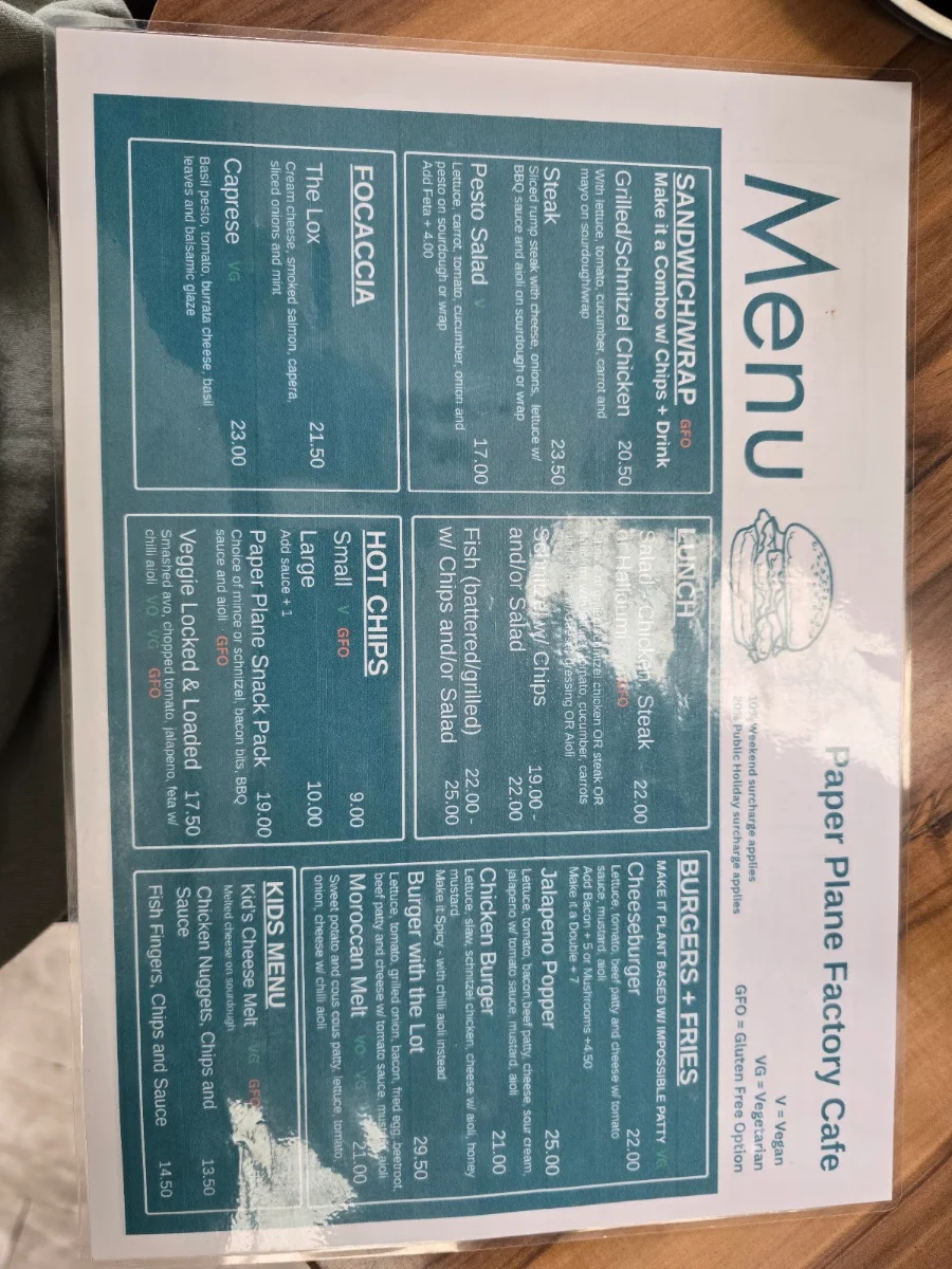 Menu, Paper Plane Factory Cafe