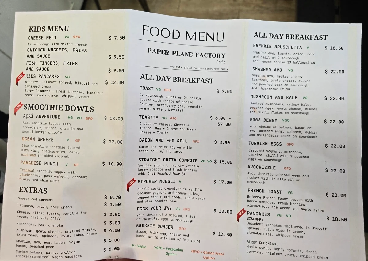 Menu, Paper Plane Factory Cafe