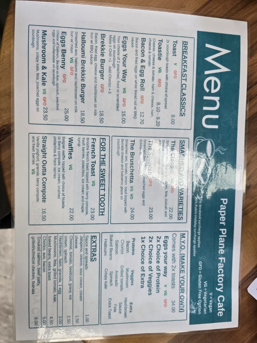 Menu, Paper Plane Factory Cafe