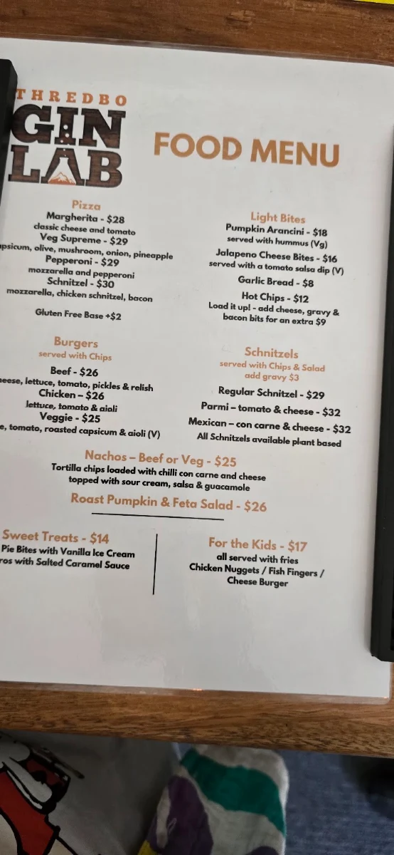 Menu, Thredbo Gin Lab