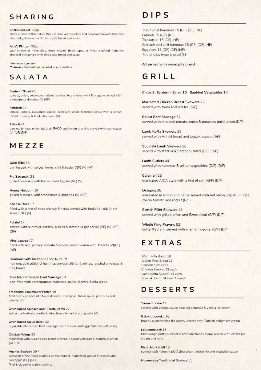 Menu, Aida Mediterranean Cuisine and Bar