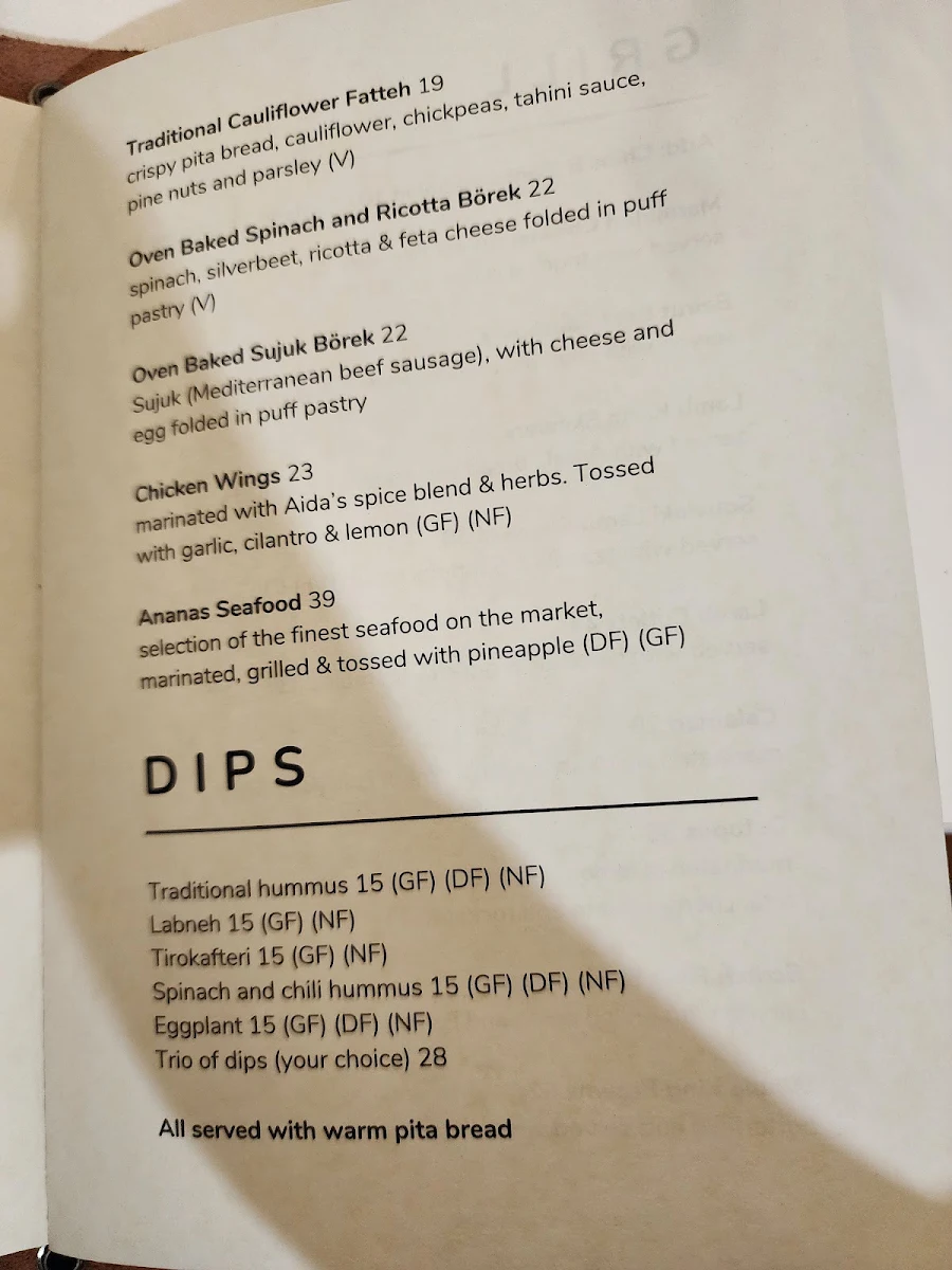 Menu, Aida Mediterranean Cuisine and Bar
