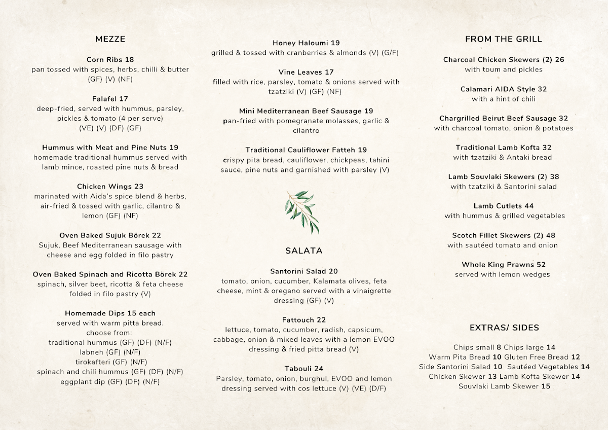 Menu, Aida Mediterranean Cuisine and Bar