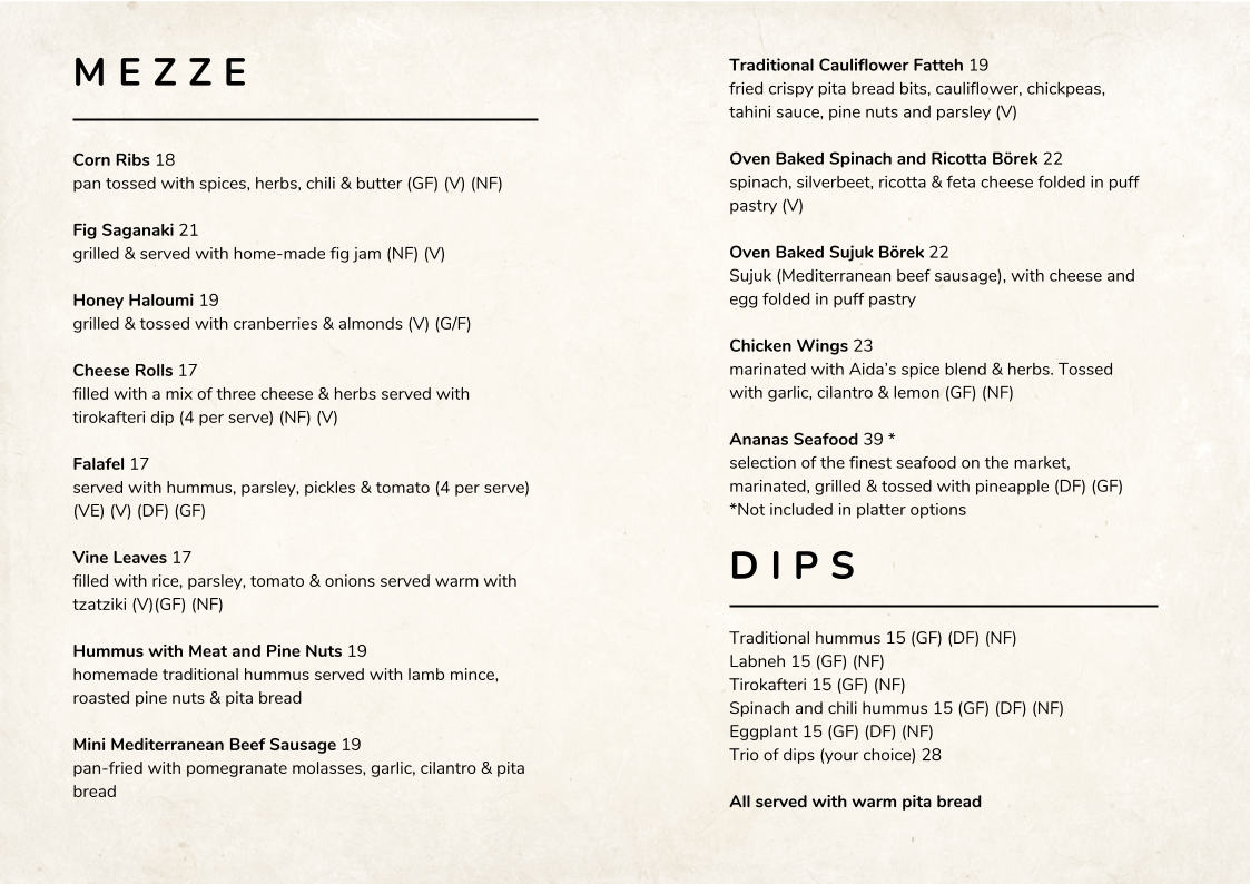 Menu, Aida Mediterranean Cuisine and Bar