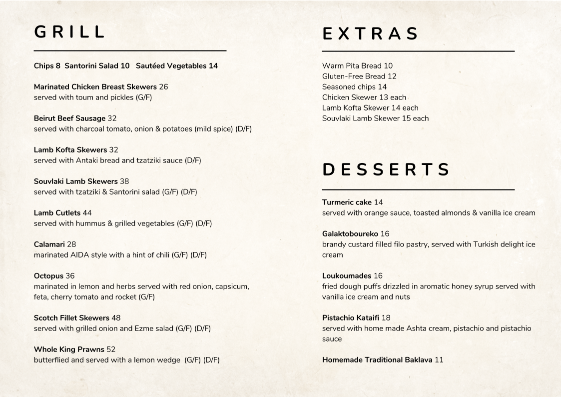 Menu, Aida Mediterranean Cuisine and Bar