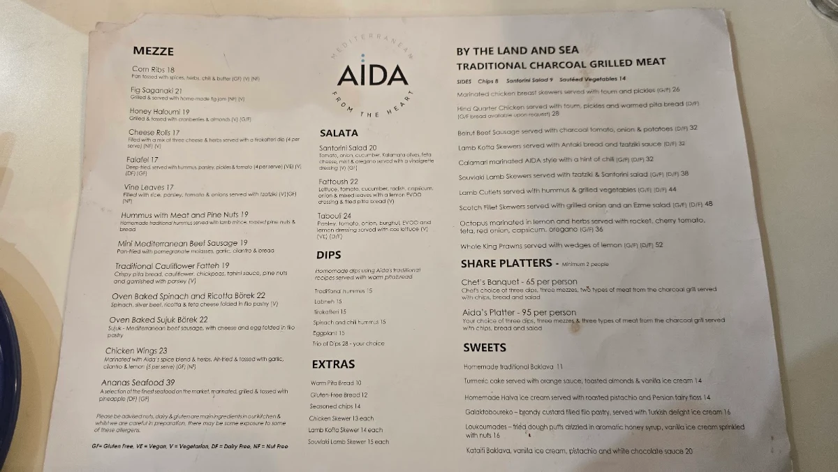 Menu, Aida Mediterranean Cuisine and Bar