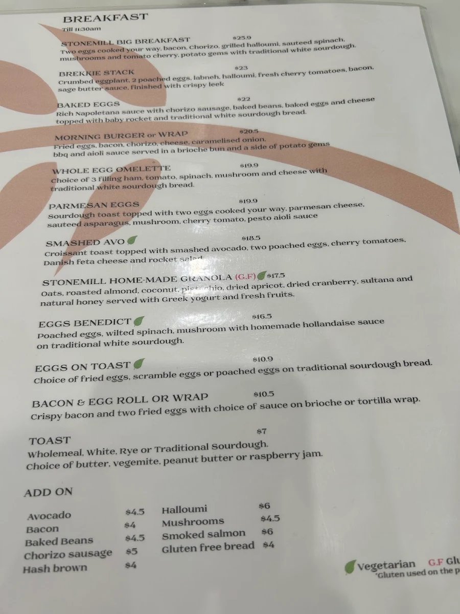 Menu, Stonemill Patisserie