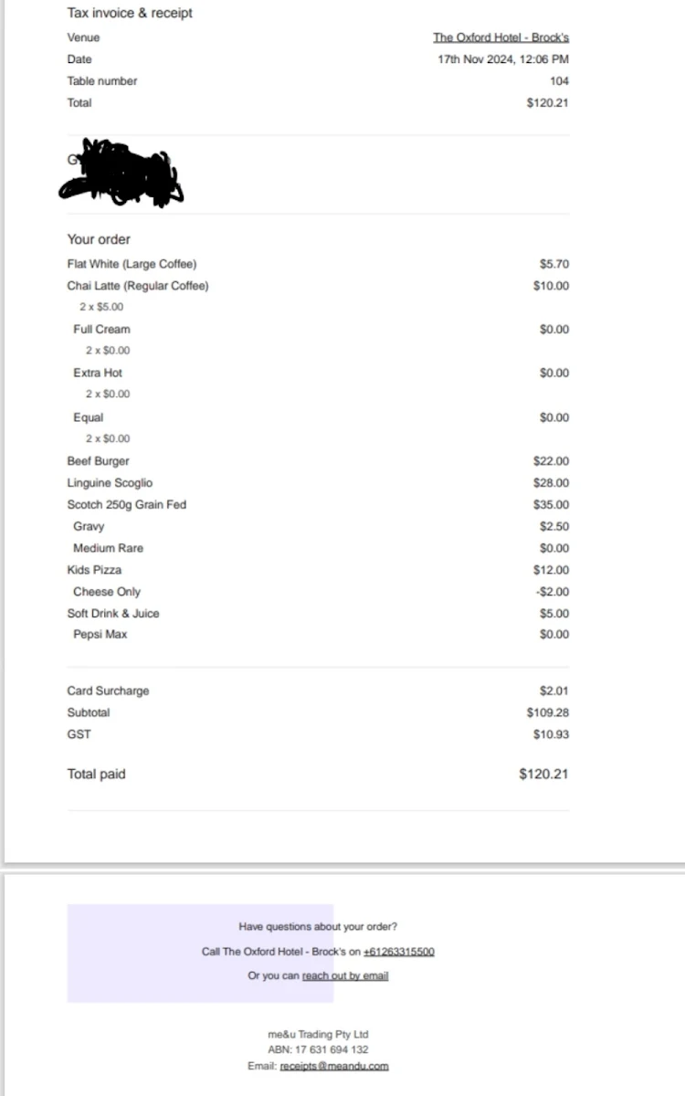 Menu, The Oxford Bathurst