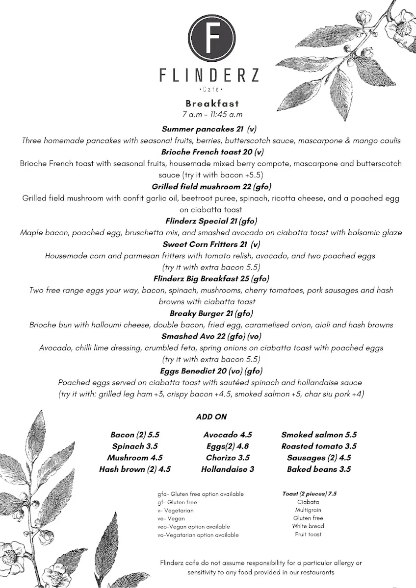 Menu, Flinderz Cafe & Restaurant