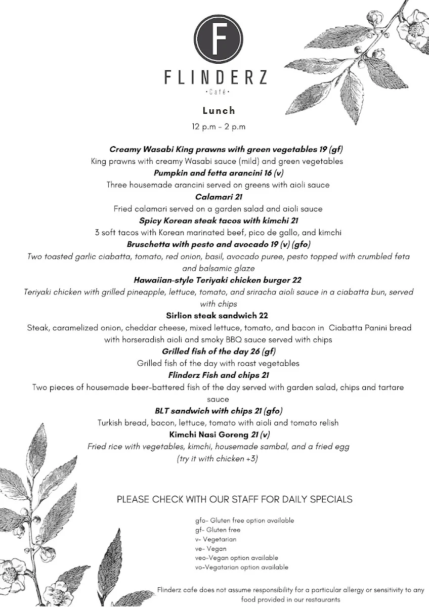 Menu, Flinderz Cafe & Restaurant