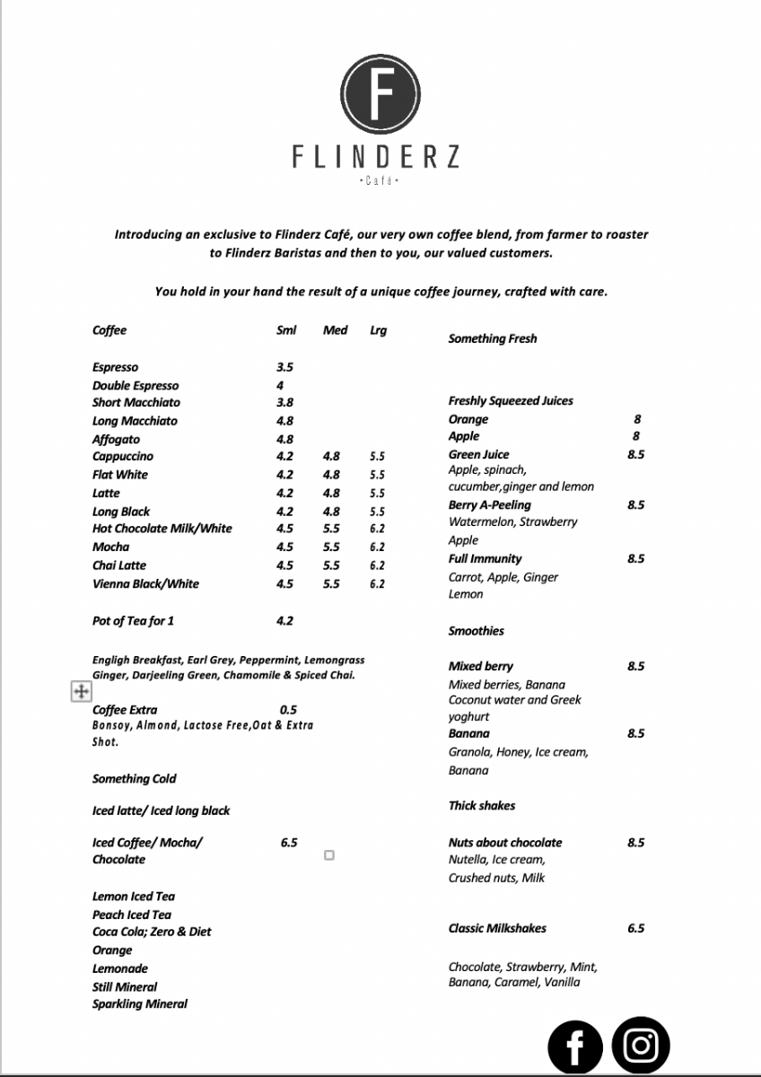 Menu, Flinderz Cafe & Restaurant