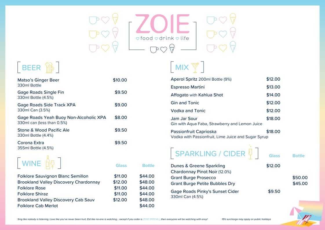 Menu, Zoie