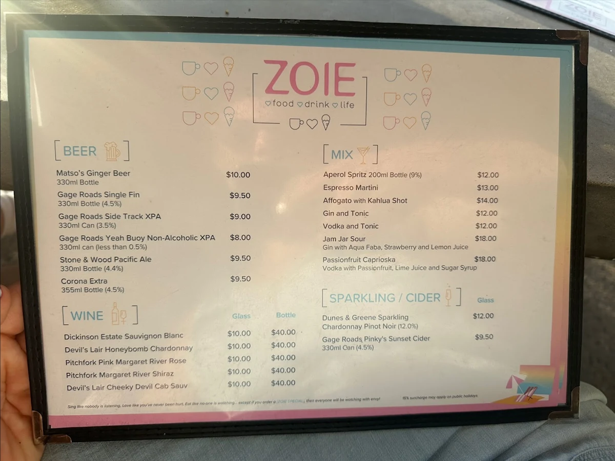 Menu, Zoie