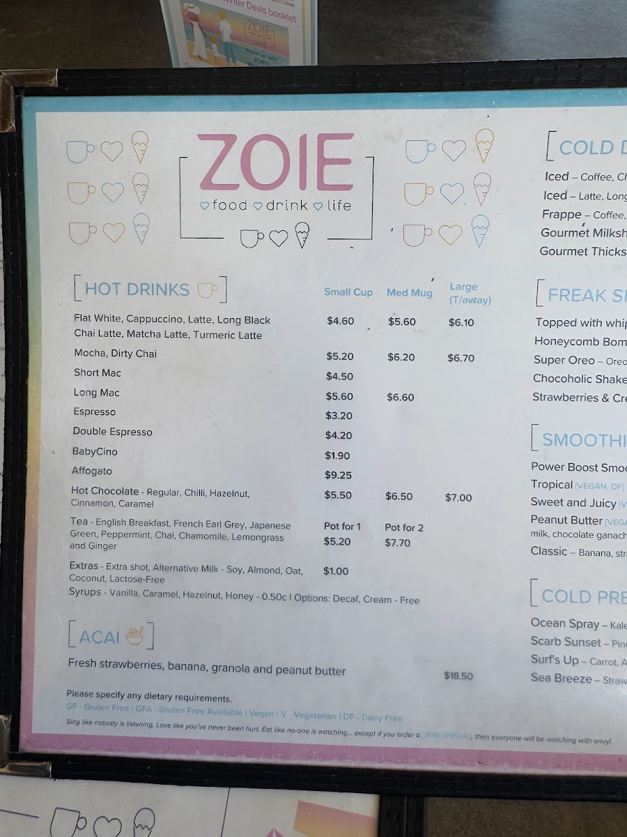 Menu, Zoie