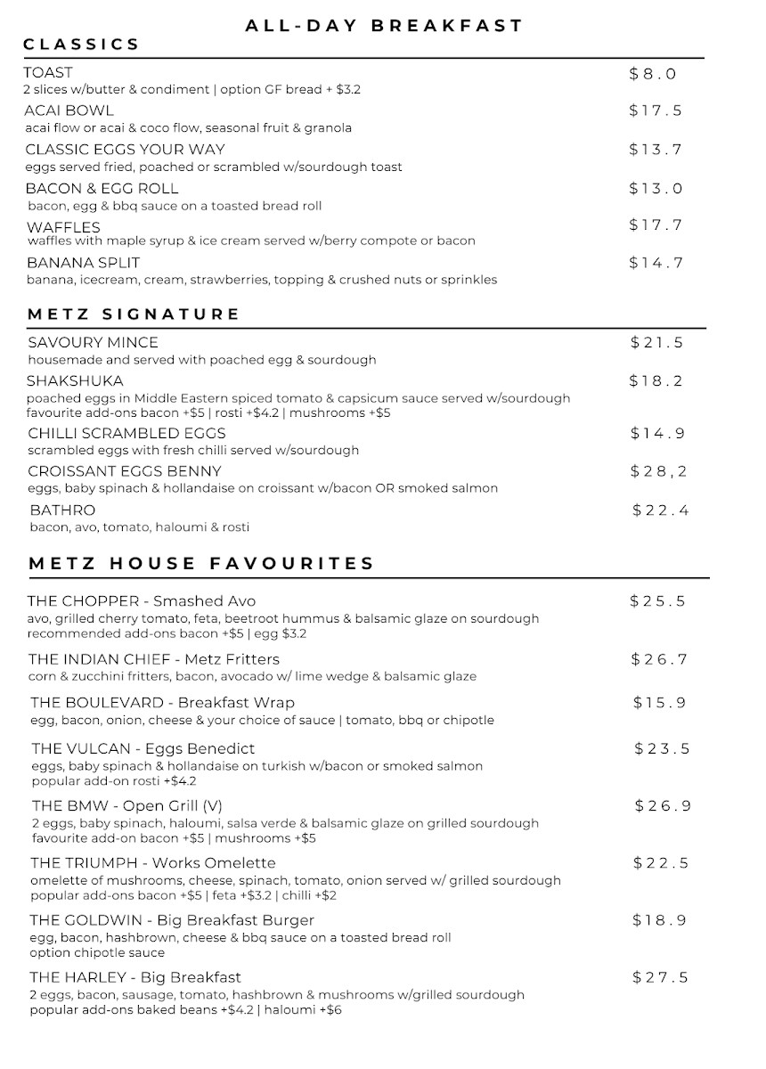 Menu, Cafe Metz