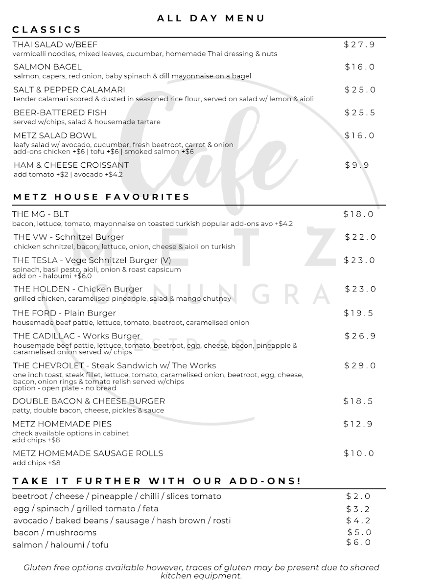Menu, Cafe Metz