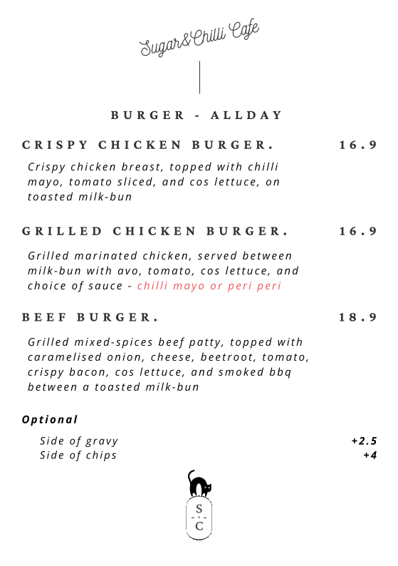 Menu, Sugar & Chilli Cafe