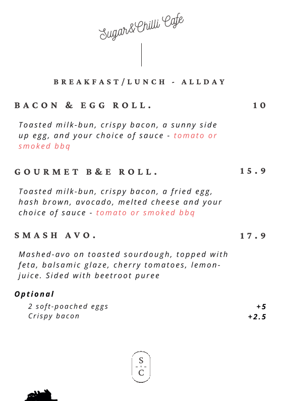 Menu, Sugar & Chilli Cafe