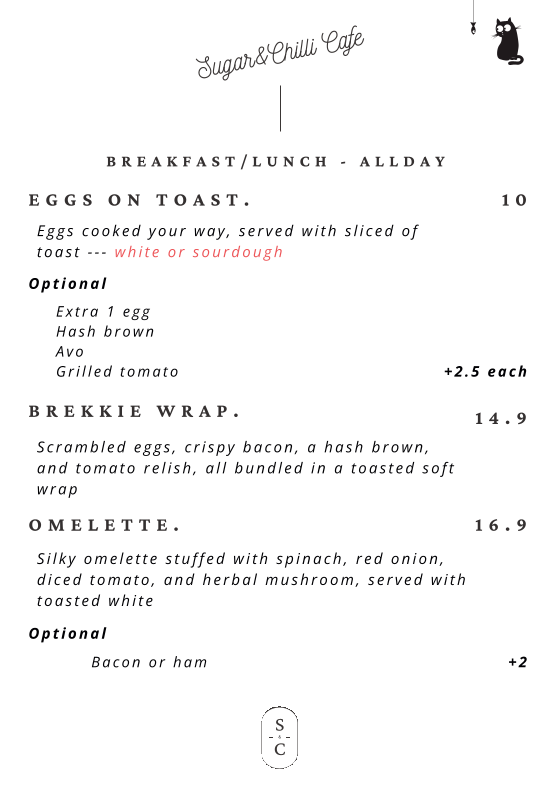 Menu, Sugar & Chilli Cafe