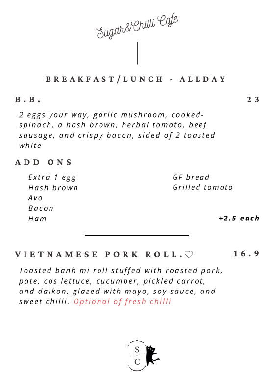 Menu, Sugar & Chilli Cafe