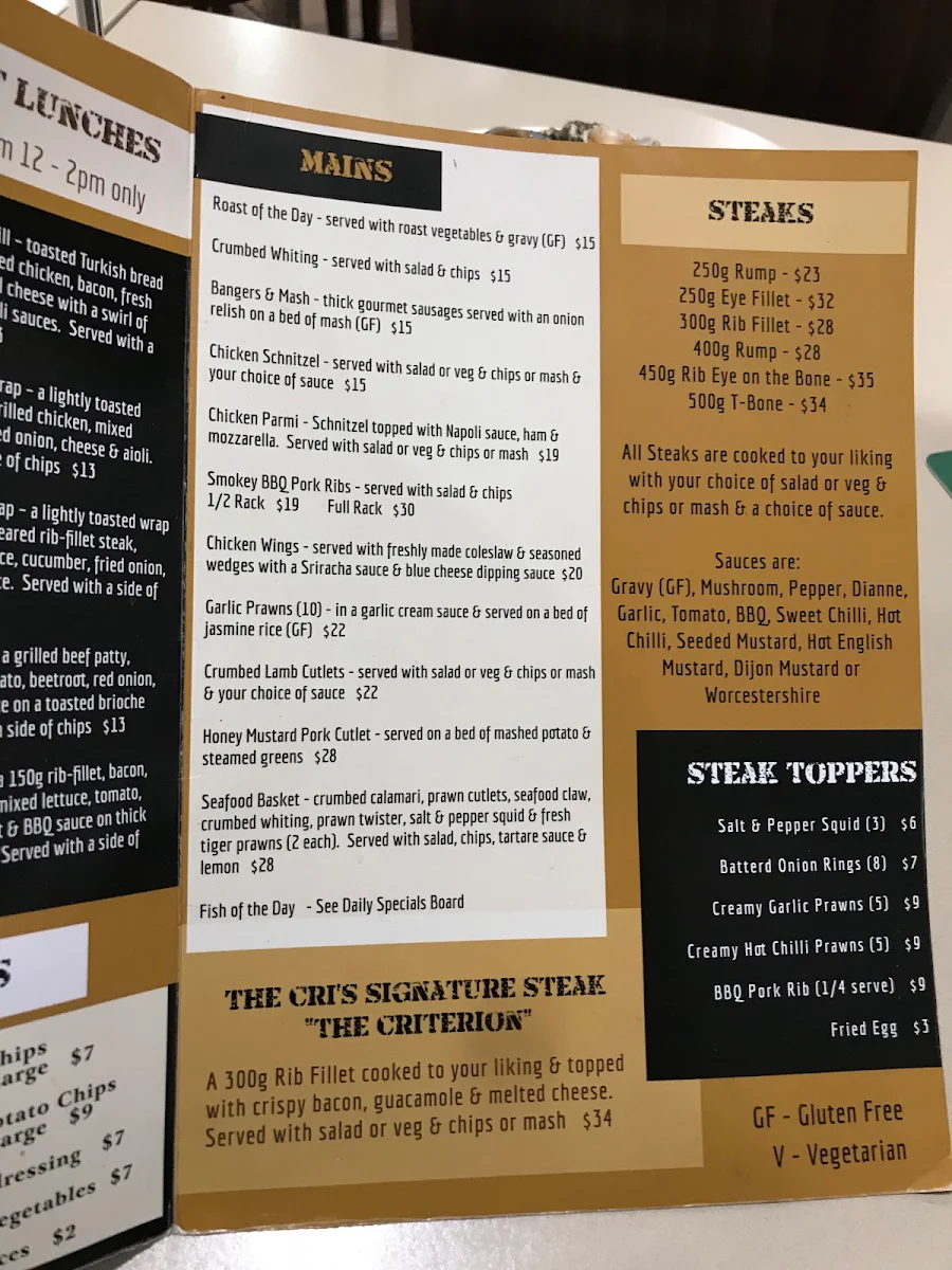 Menu, Criterion Hotel Dalby