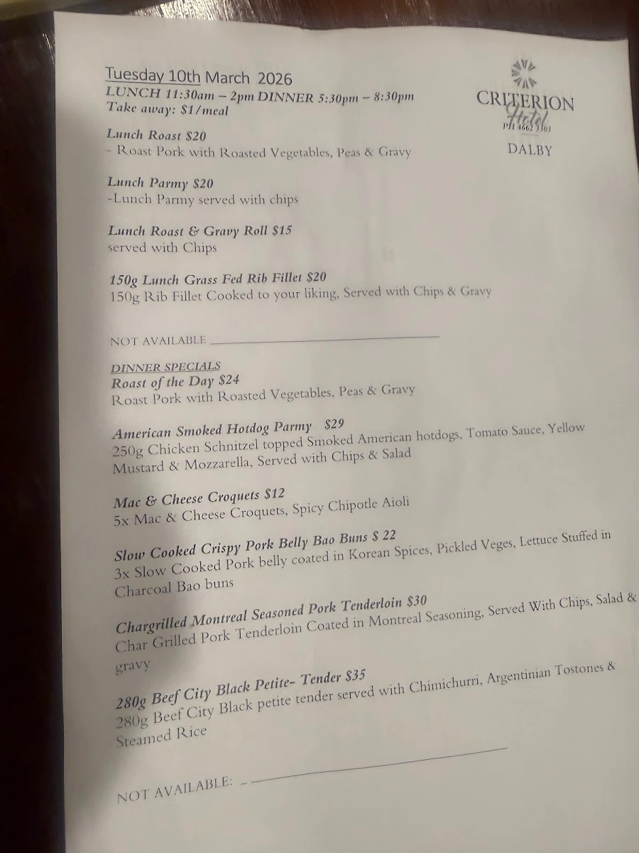Menu, Criterion Hotel Dalby
