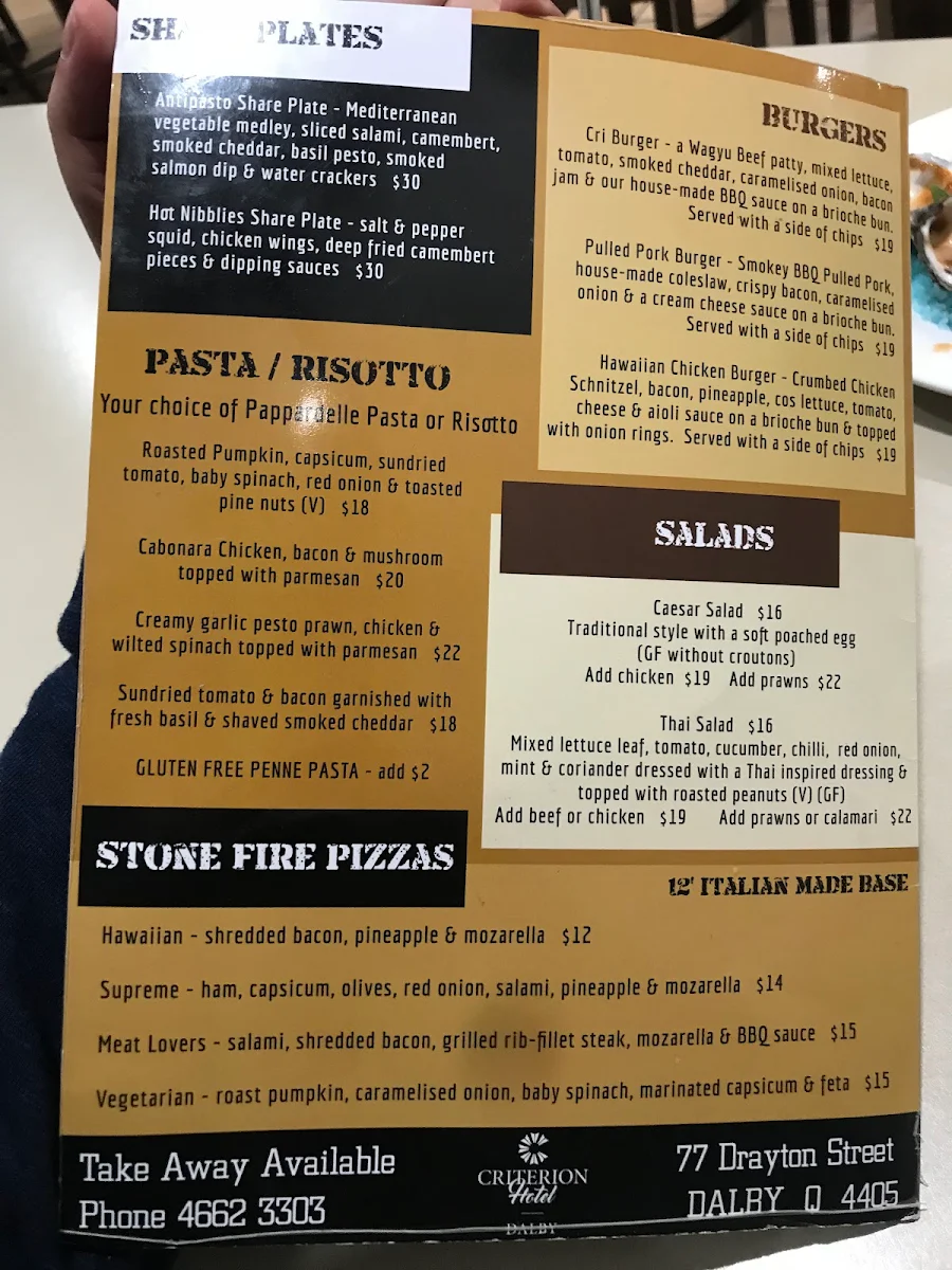 Menu, Criterion Hotel Dalby