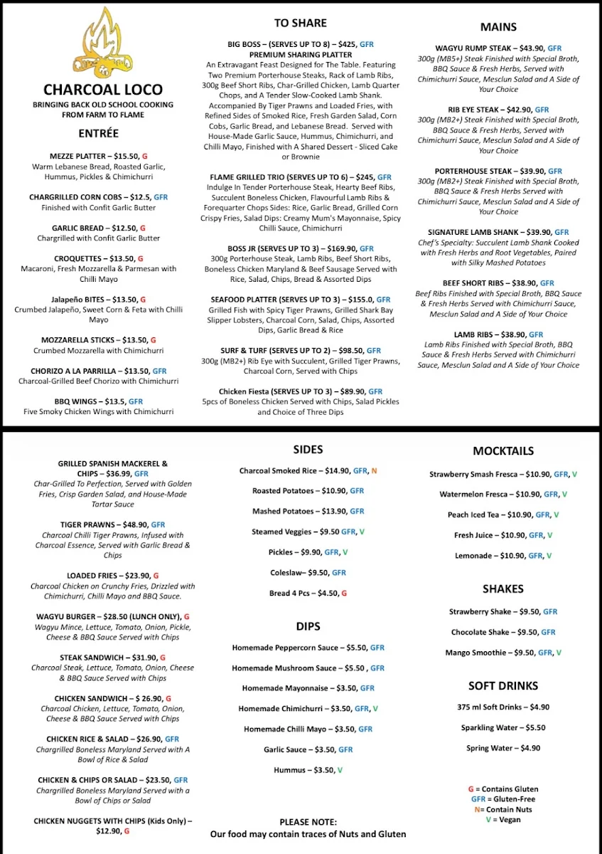 Menu, Charcoal Loco