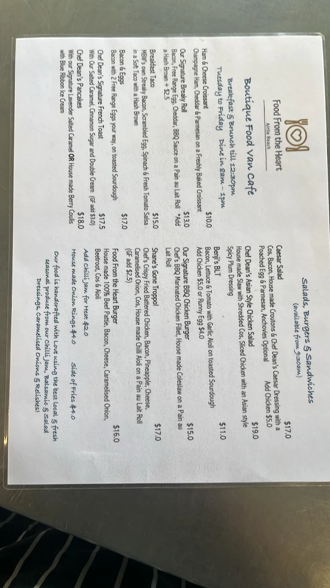 Menu, Food From the Heart Airlie Beach