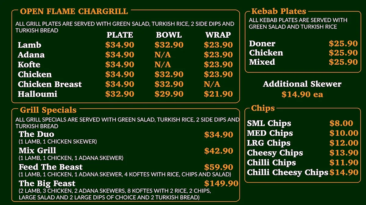 Menu, Abla’s Kebab & Chargrill