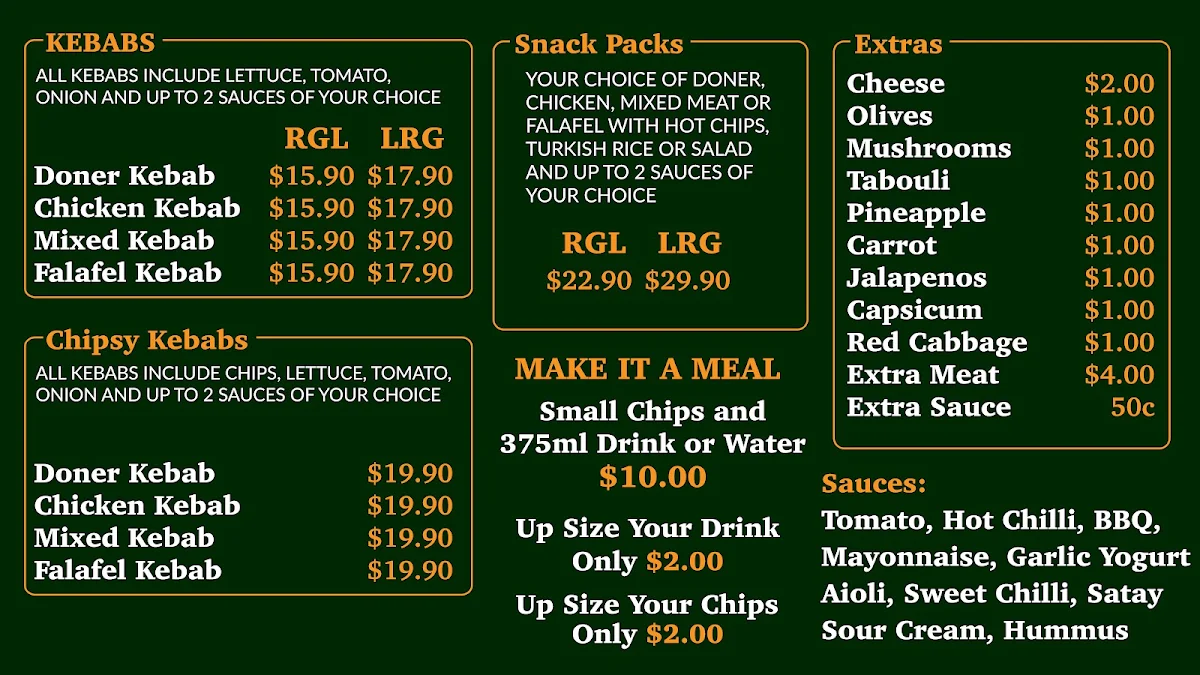 Menu, Abla’s Kebab & Chargrill