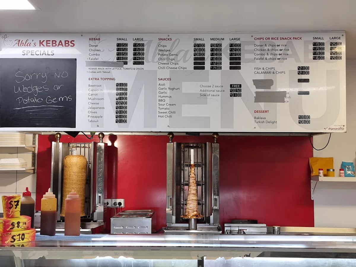 Menu, Abla’s Kebab & Chargrill