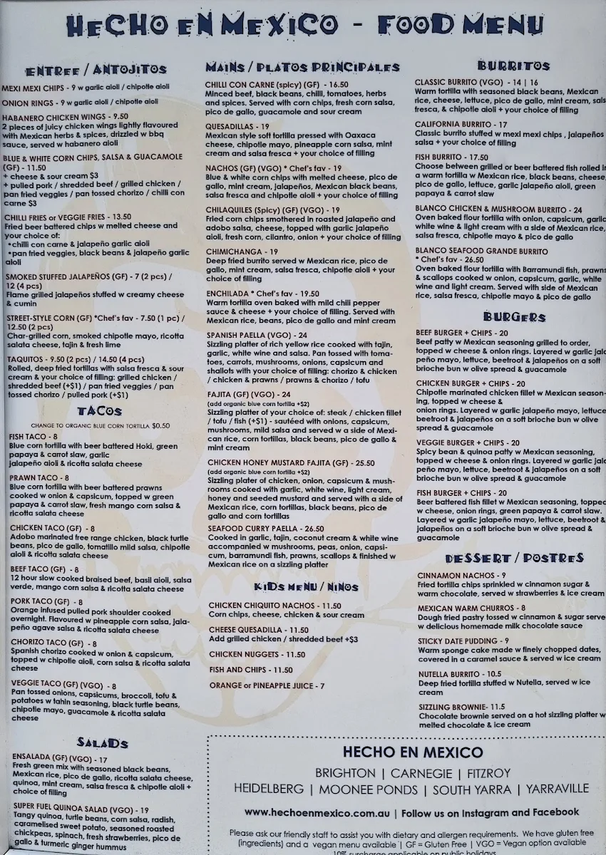 Menu, Hecho en Mexico Heidelberg