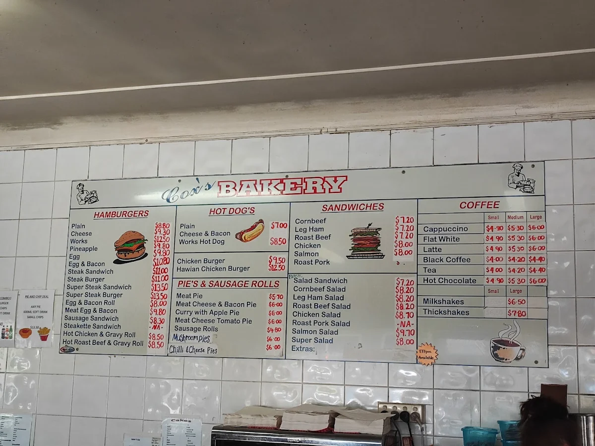 Menu, Cox's Bakery