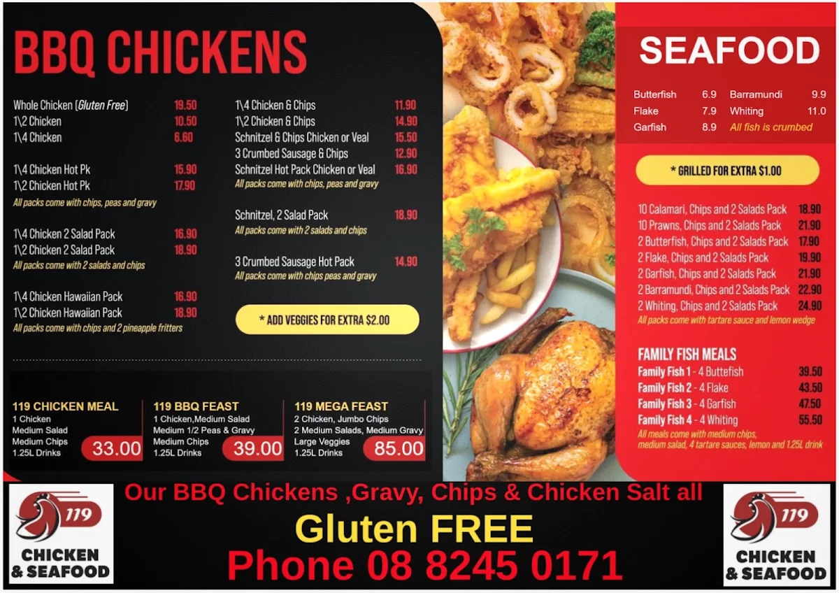 Menu, 119 Chicken and Seafood