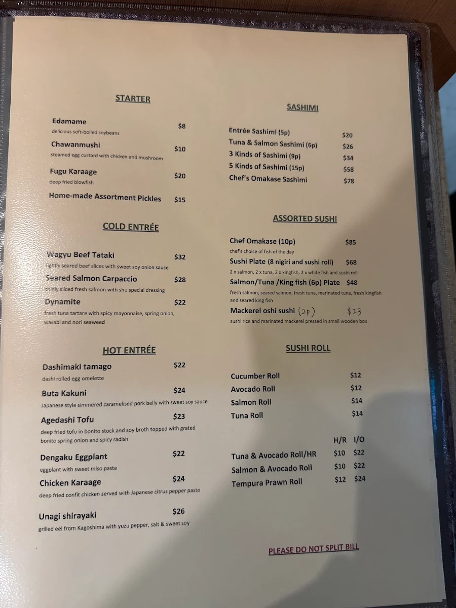 Menu, Shu Japanese Restaurant