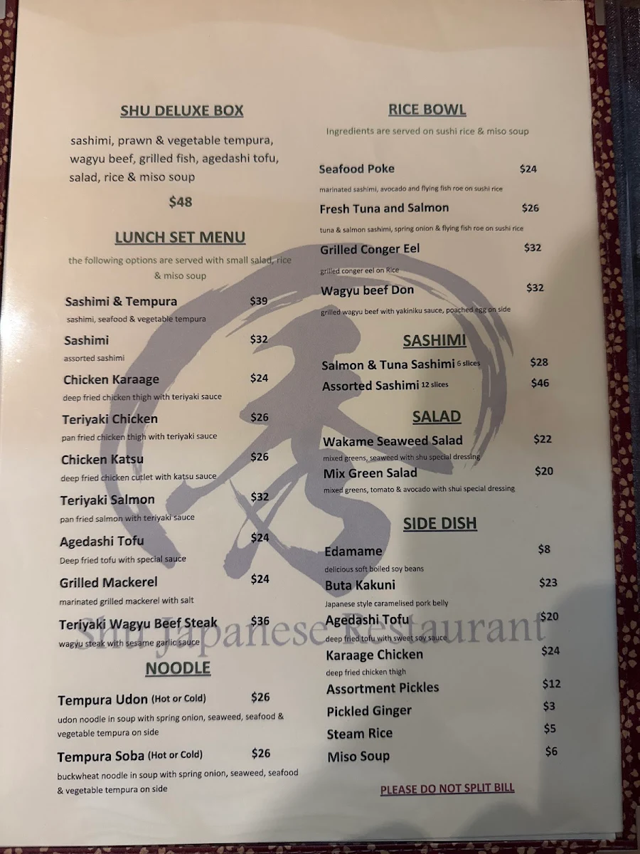 Menu, Shu Japanese Restaurant