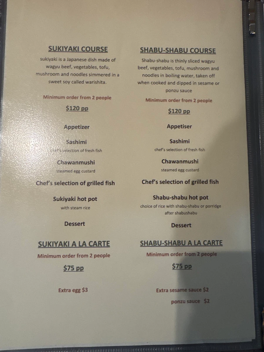 Menu, Shu Japanese Restaurant