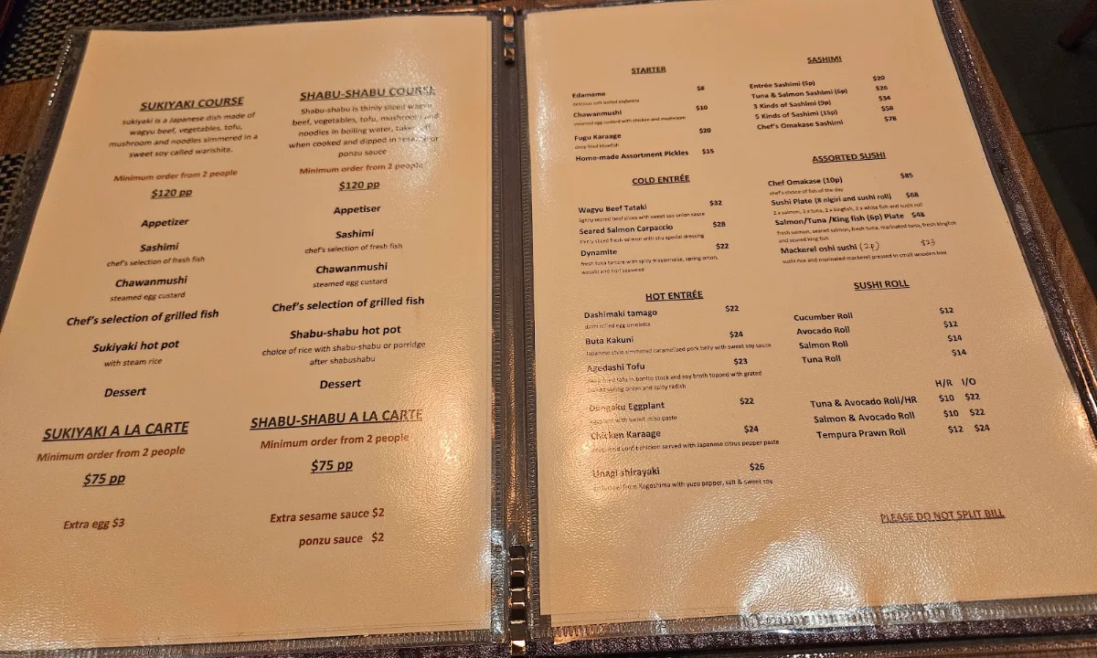 Menu, Shu Japanese Restaurant