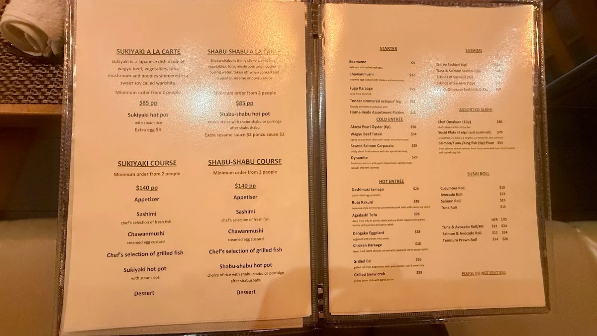 Menu, Shu Japanese Restaurant