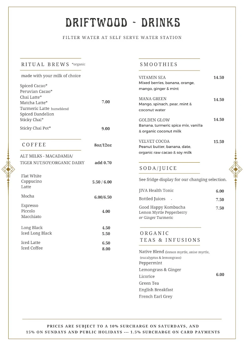 Menu, Driftwood Wholefood Café