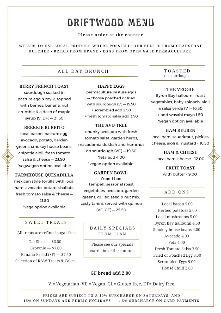 Menu, Driftwood Wholefood Café