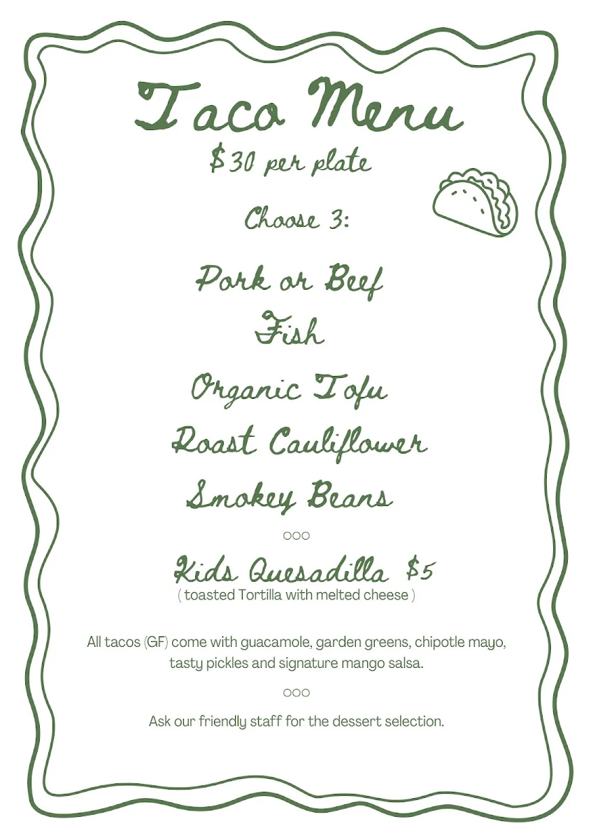 Menu, Driftwood Wholefood Café