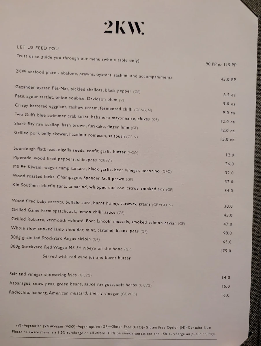 Menu, 2KW Bar & Restaurant