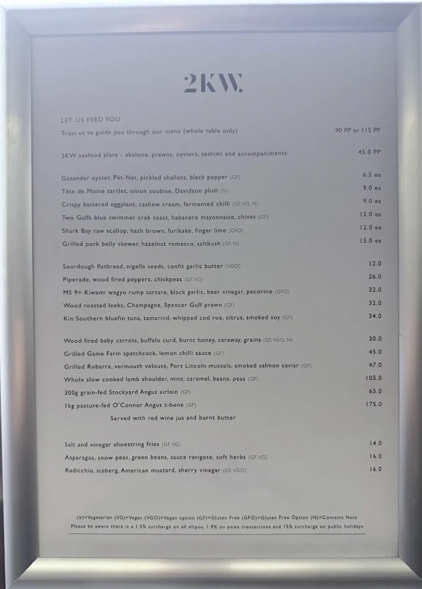 Menu, 2KW Bar & Restaurant
