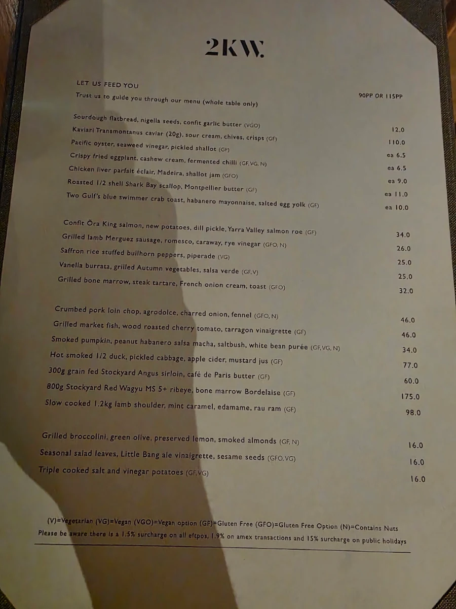 Menu, 2KW Bar & Restaurant