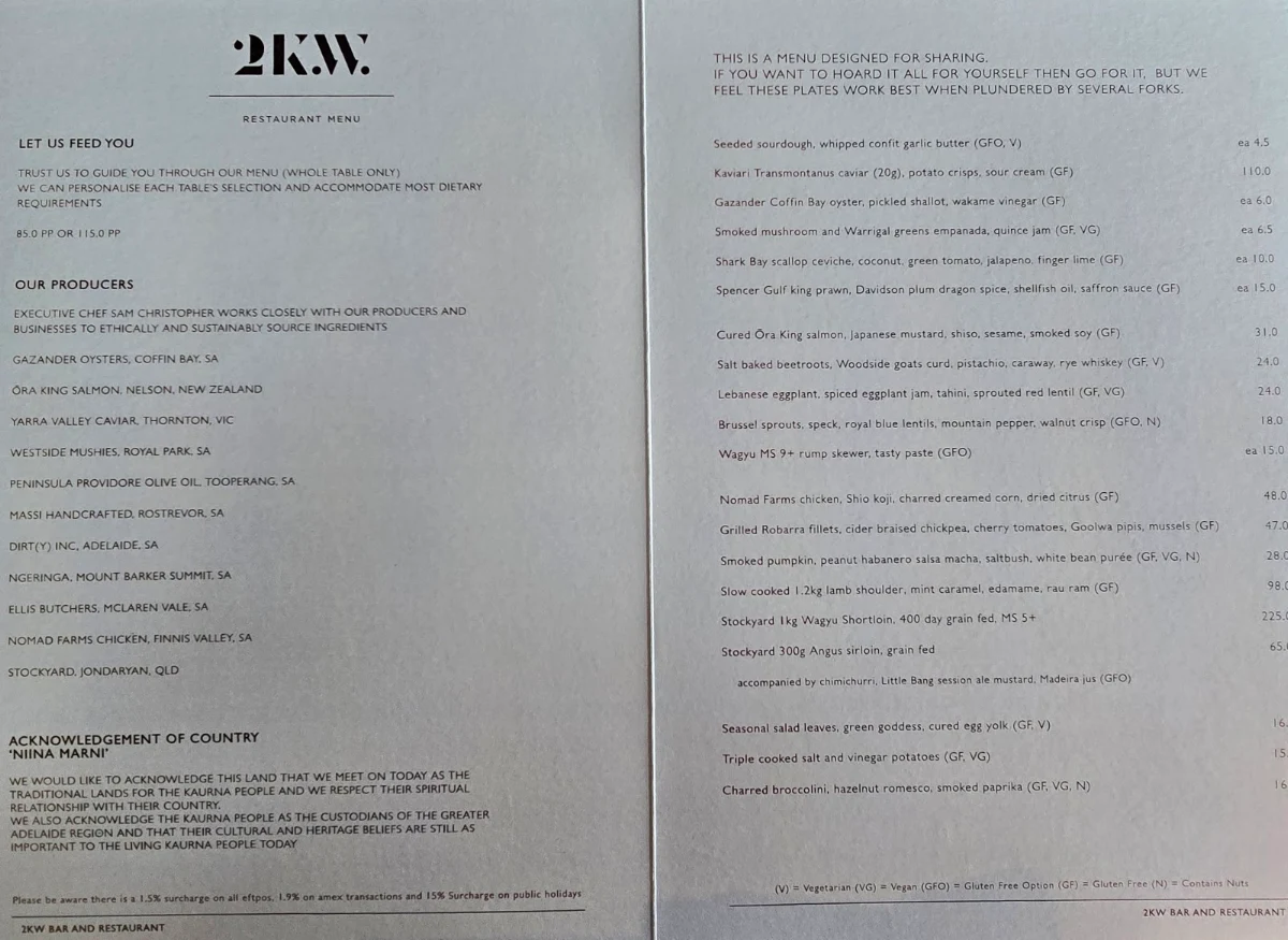 Menu, 2KW Bar & Restaurant